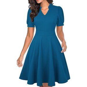 Womens Blue 1 Short Puff Sleeve Flare Semi-Formal Summer Dress With Pockets